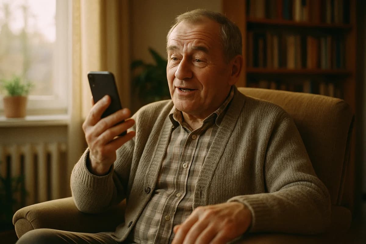 Starszy mężczyzna odpowiada głosem na pytania przez telefon