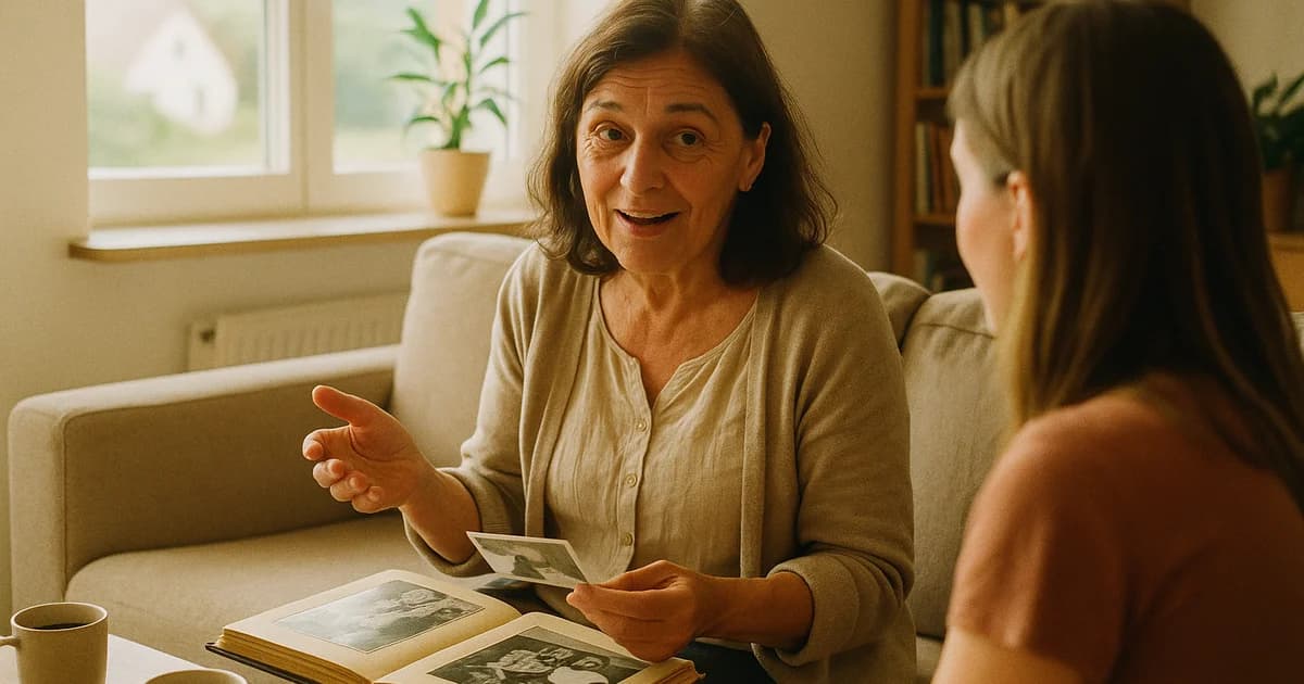Kobieta około sześćdziesiątki opowiada na kanapie w salonie, na stoliku otwarty album ze starymi fotografiami, dorosła córka słucha