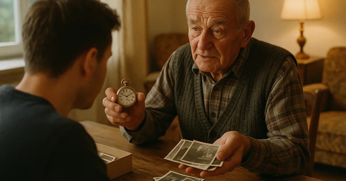 Dziadek pokazuje dorosłemu wnukowi kieszonkowy zegarek i stare fotografie przy drewnianym stole